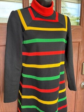 Vintage 70s Black Turtleneck Knit Dress with Red, Yellow & Green Stripes